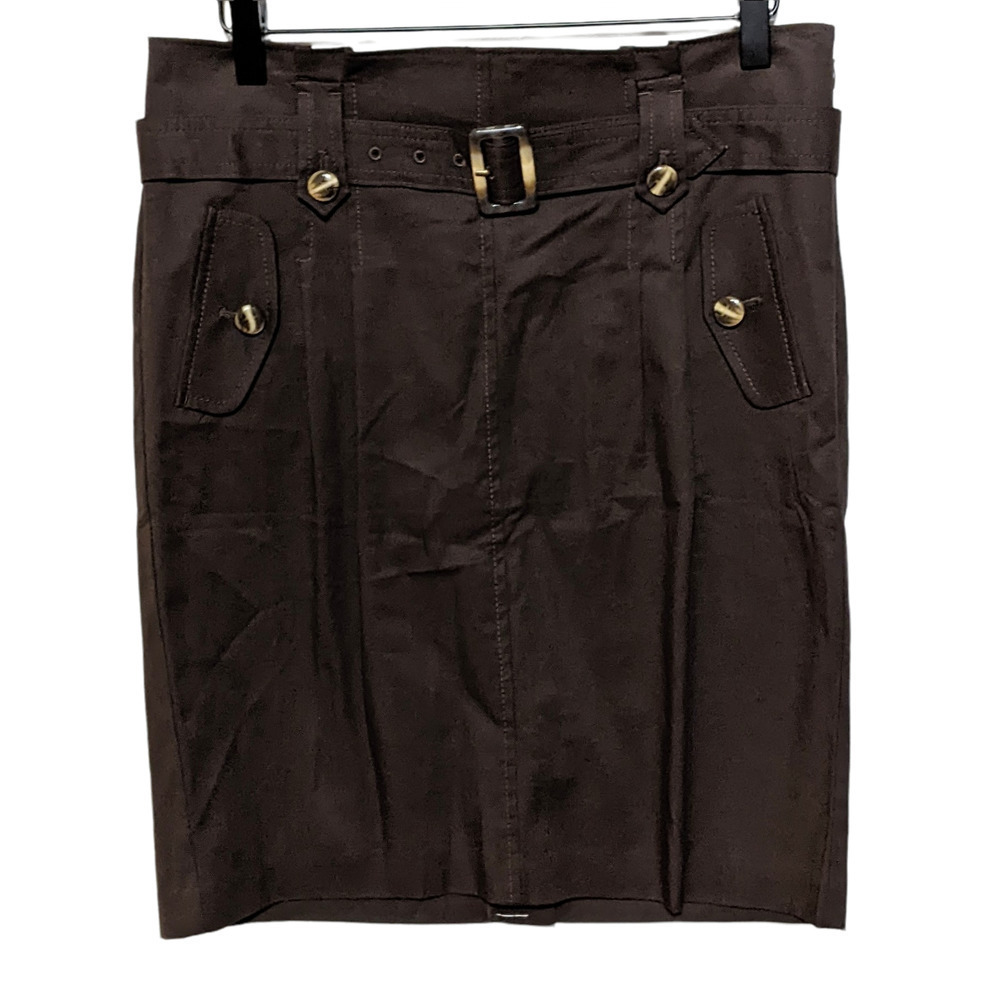 Ann Taylor 6 Brown Straight Pencil Belted Skirt Side Zip Tortoise Buckle Buttons